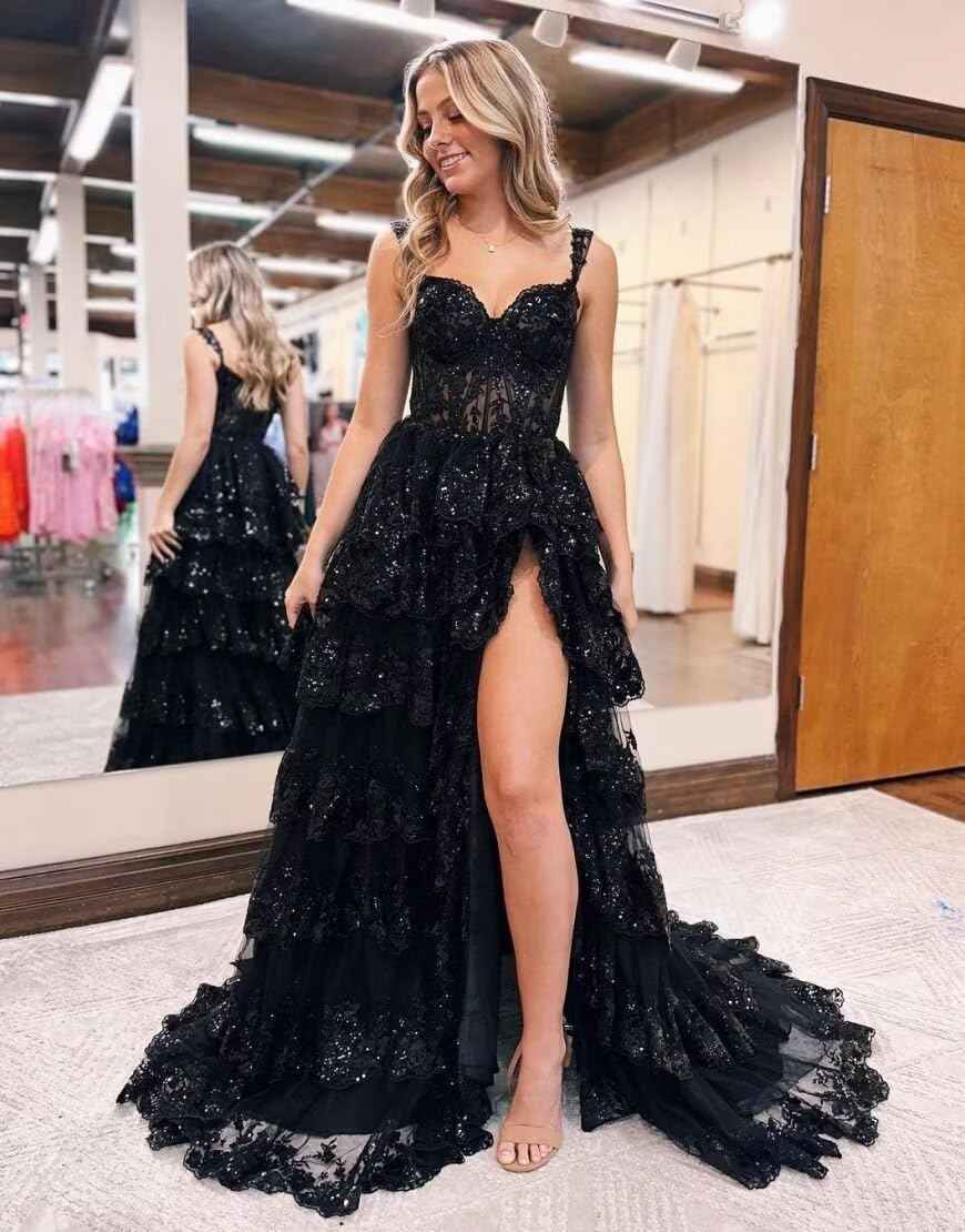 Sparkly Tiered Lace Tulle Prom Dresses Long 2025 Spaghetti Straps Formal Corset Evening Gown with Slit Bmbride