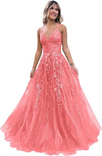 Tulle Lace Appliques Sparkly Prom Dresses A Line with Slit V Neck Formal Party Dress Bmbride