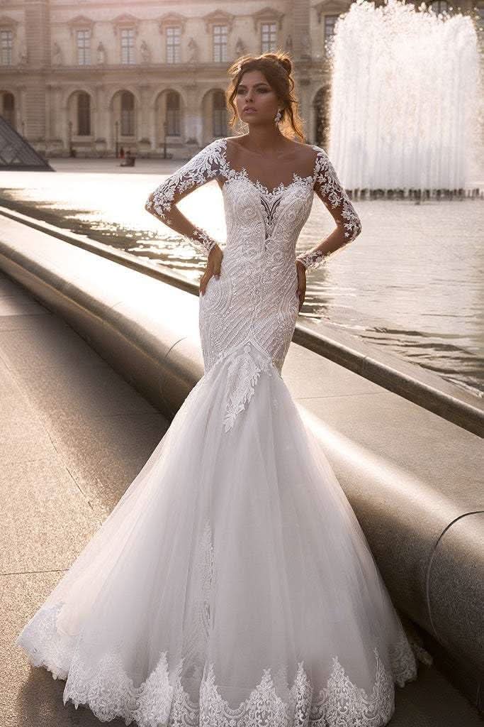 Loyeloy Women's Wedding Dresses for Bride 2025 Sexy V Neck Slit Lace Bridal Wedding Gowns for Bride YJ010