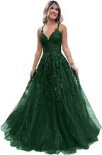Tulle Lace Appliques Sparkly Prom Dresses A Line with Slit V Neck Formal Party Dress Bmbride