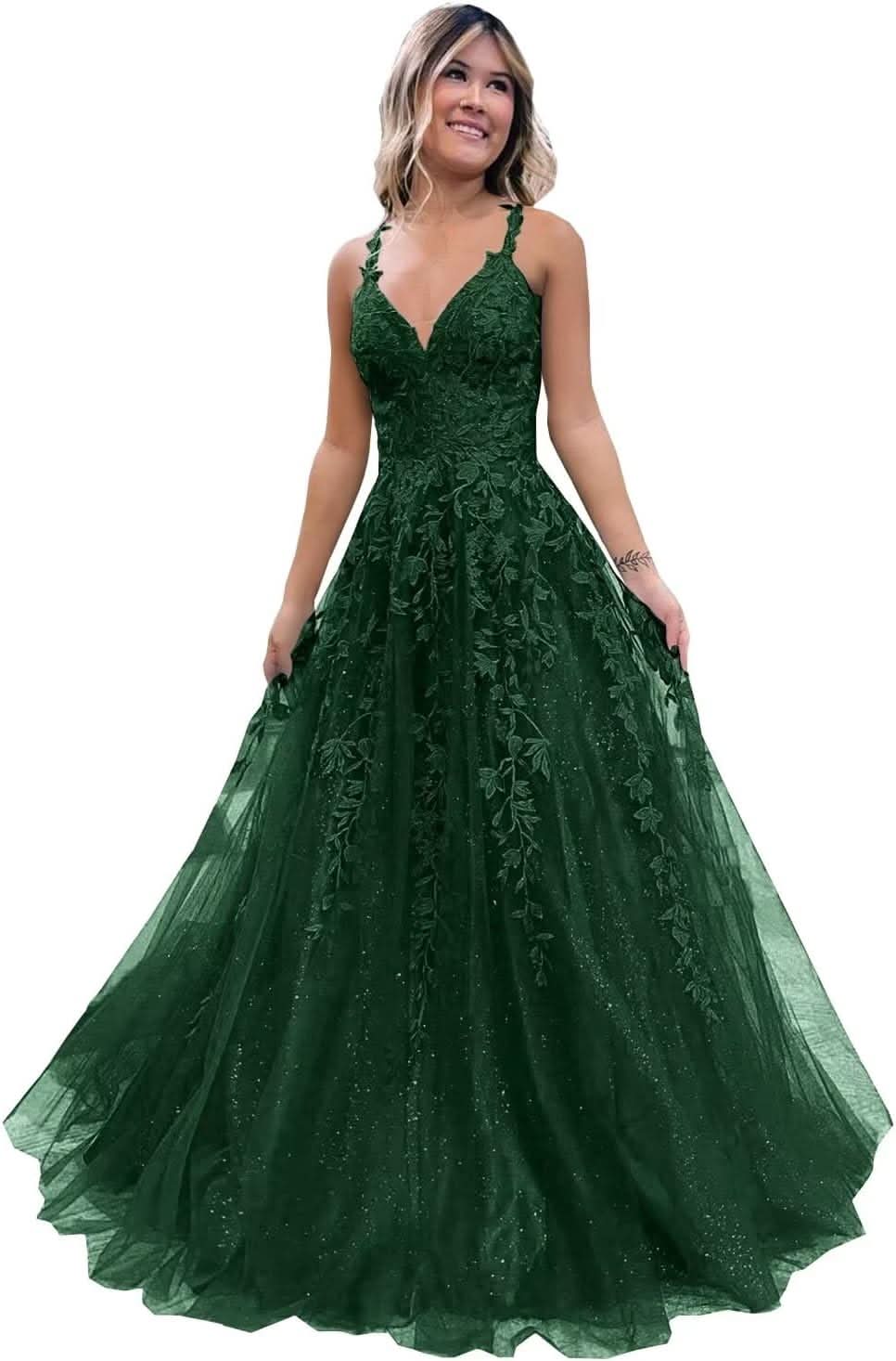 Tulle Lace Appliques Sparkly Prom Dresses A Line with Slit V Neck Formal Party Dress Bmbride