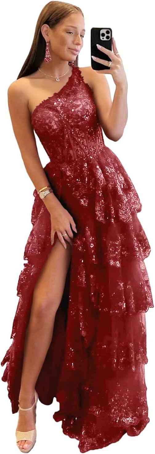 Cudiew One Shoulder Lace Tulle Tiered Prom Dress Sparkly Sequined Applique Long Maxi Formal Evening Party Gowns 2025