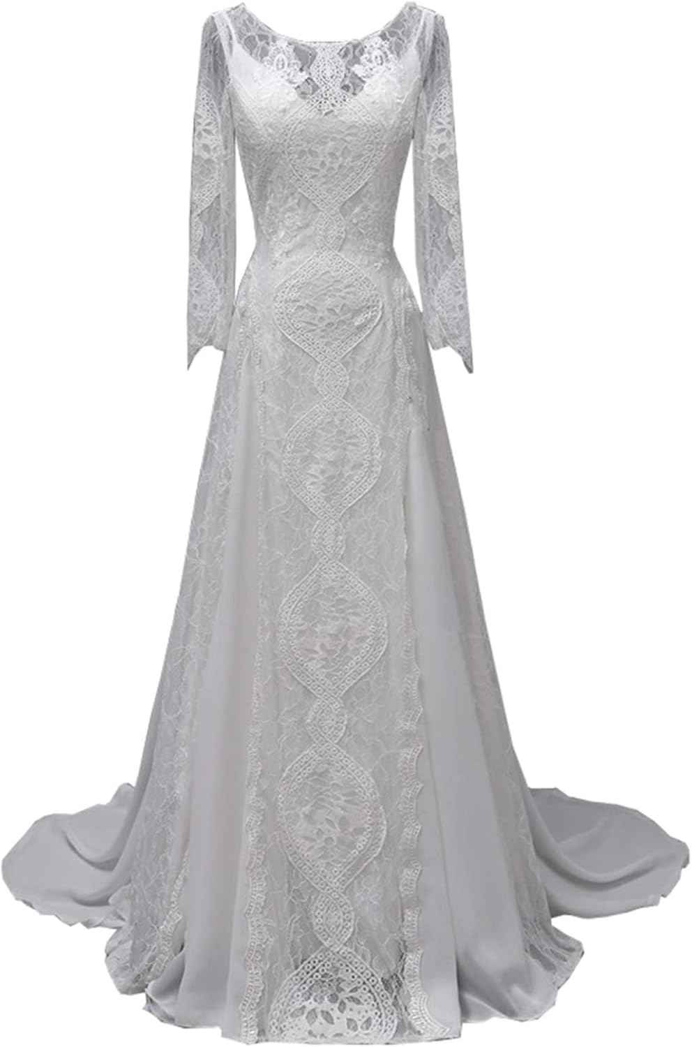 Women's Beach Wedding Dresses for Bride 2022 Vintage Long Sleeves Lace Bohemian Bridal Gown Bmbride