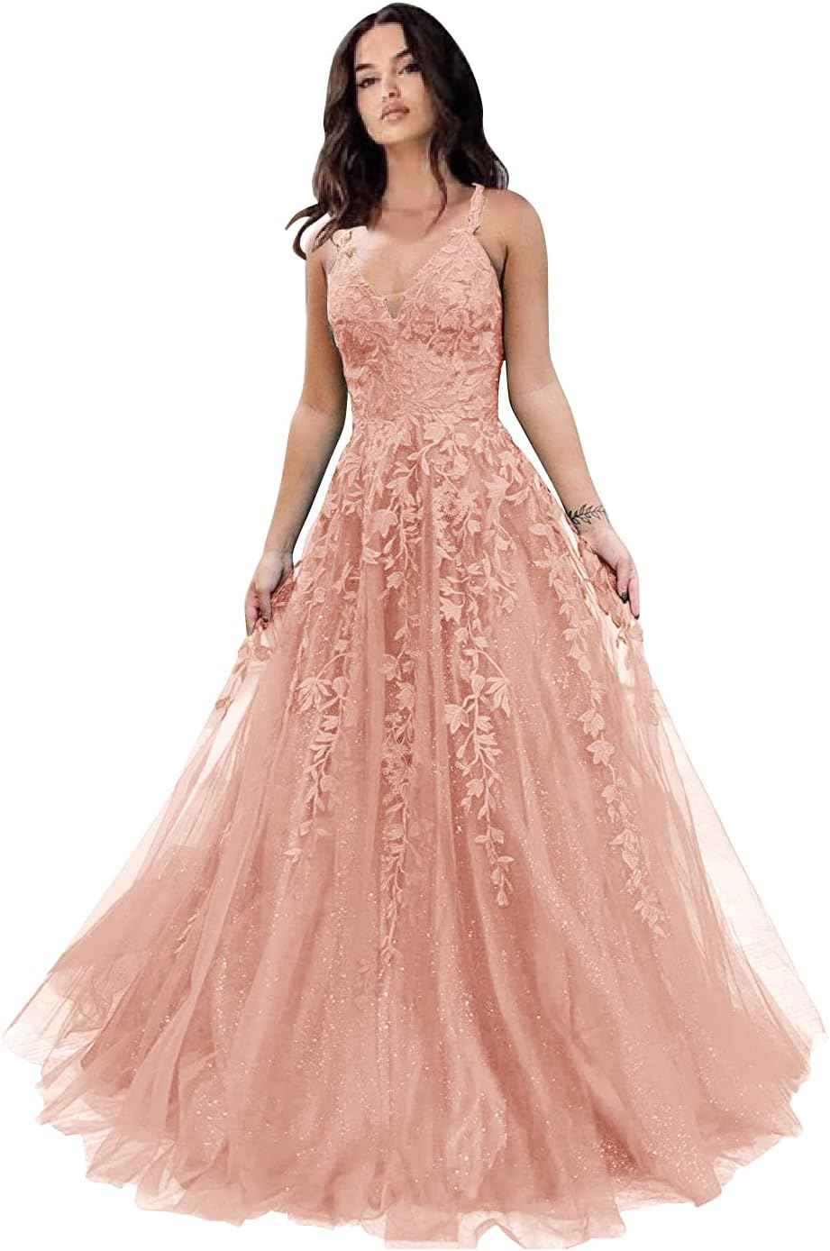 Tulle Prom Dresses for Women 2025 Sparkly Lace Appliques Long Ball Gowns Spaghetti Straps A-Line Evening Gowns