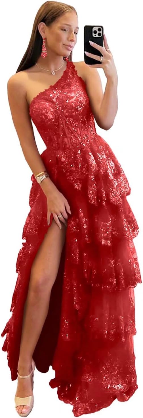 One Shoulder Lace Tulle Tiered Prom Dress Sparkly Sequined Applique Long Maxi Formal Evening Party Gowns 2025