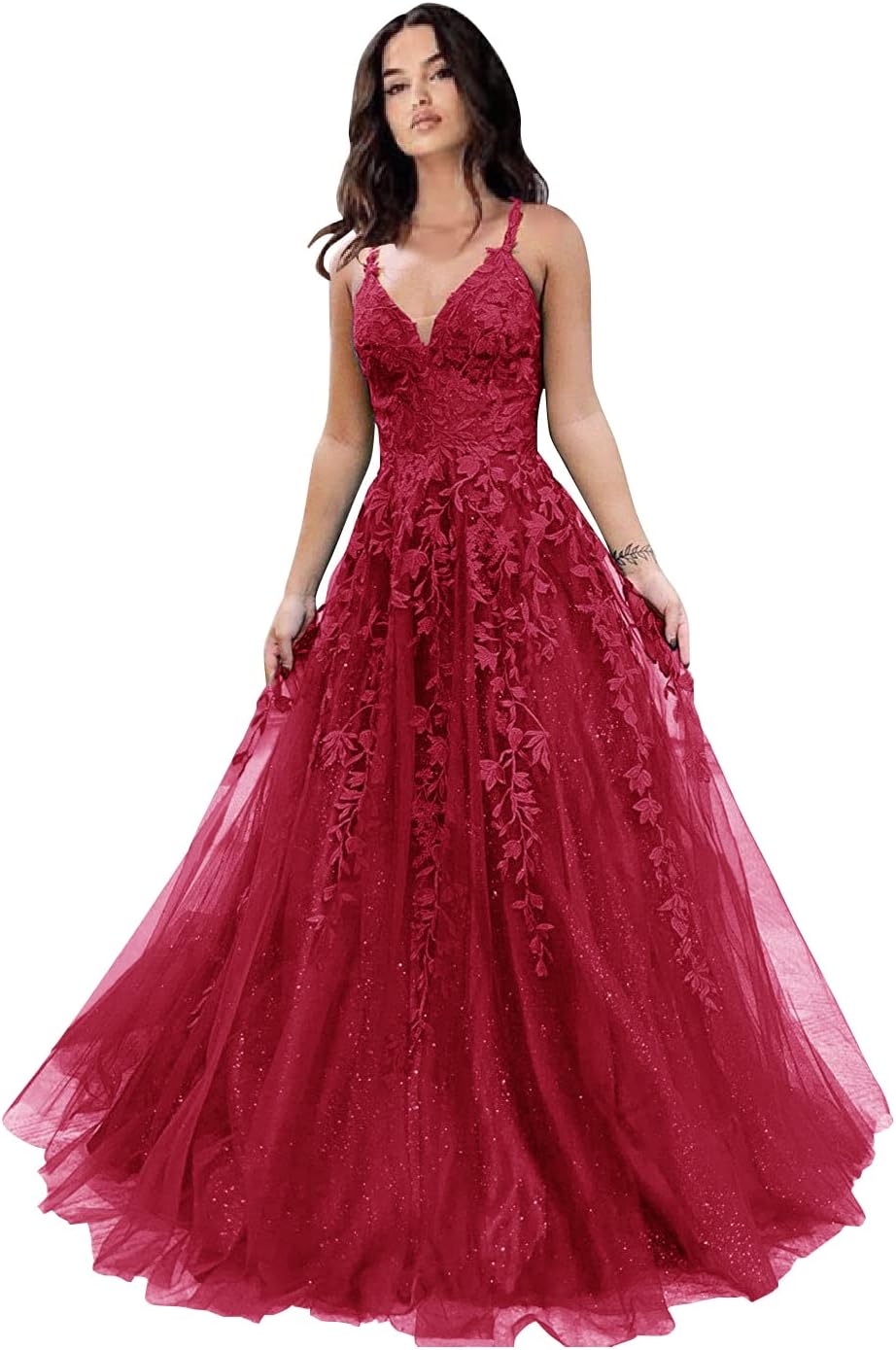 Tulle Prom Dresses for Women 2025 Sparkly Lace Appliques Long Ball Gowns Spaghetti Straps A-Line Evening Gowns