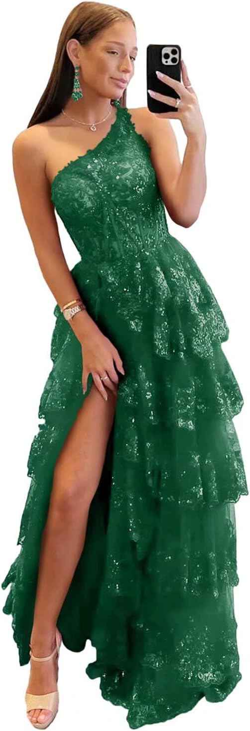 Cudiew One Shoulder Lace Tulle Tiered Prom Dress Sparkly Sequined Applique Long Maxi Formal Evening Party Gowns 2025