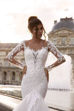 Loyeloy Women's Wedding Dresses for Bride 2025 Sexy V Neck Slit Lace Bridal Wedding Gowns for Bride YJ010
