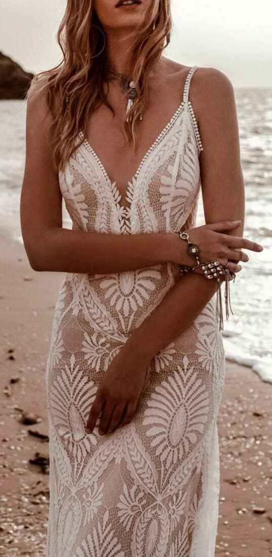 Women's Beach Wedding Dresses for Bride 2022 Vintage Long Sleeves Lace Bohemian Bridal Gown Bmbride