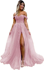 Off The Shoulder Tulle Prom Dresses with Slit Laces Applique Sweetheart Long Formal Evening Party Gowns Bmbride