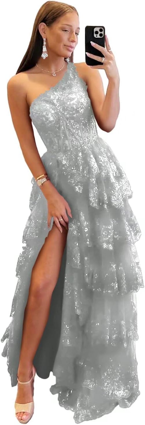 One Shoulder Lace Tulle Tiered Prom Dress Sparkly Sequined Applique Long Maxi Formal Evening Party Gowns 2025