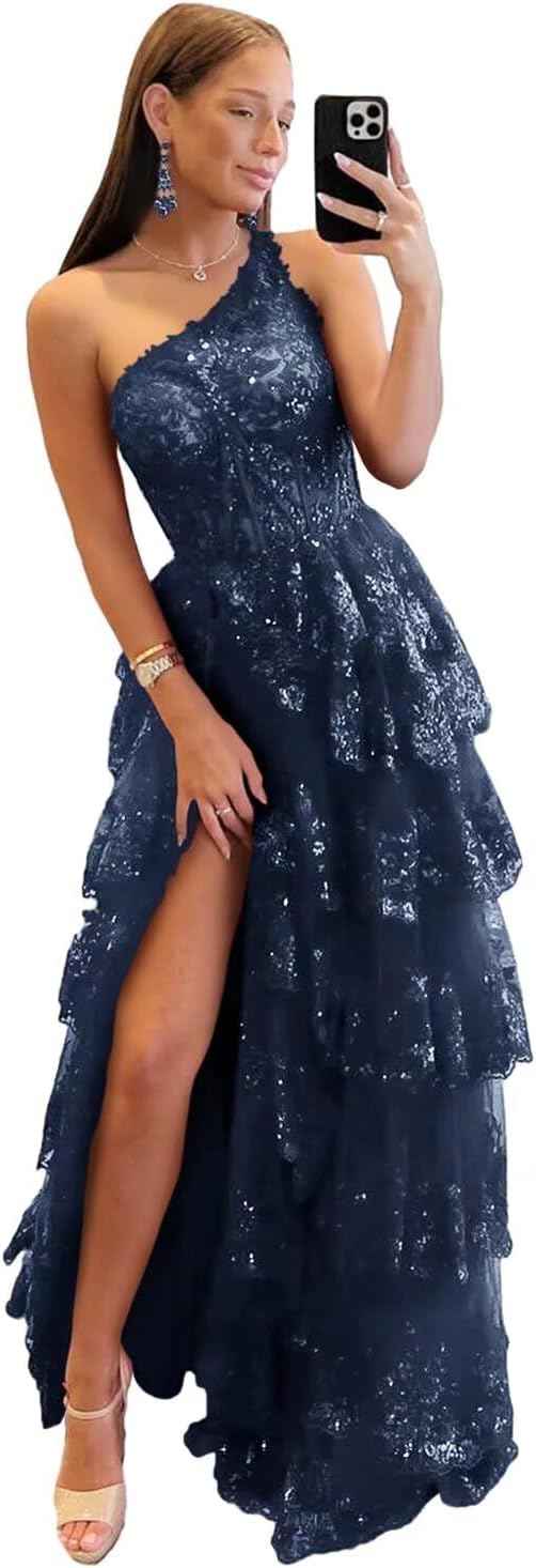 Cudiew One Shoulder Lace Tulle Tiered Prom Dress Sparkly Sequined Applique Long Maxi Formal Evening Party Gowns 2025