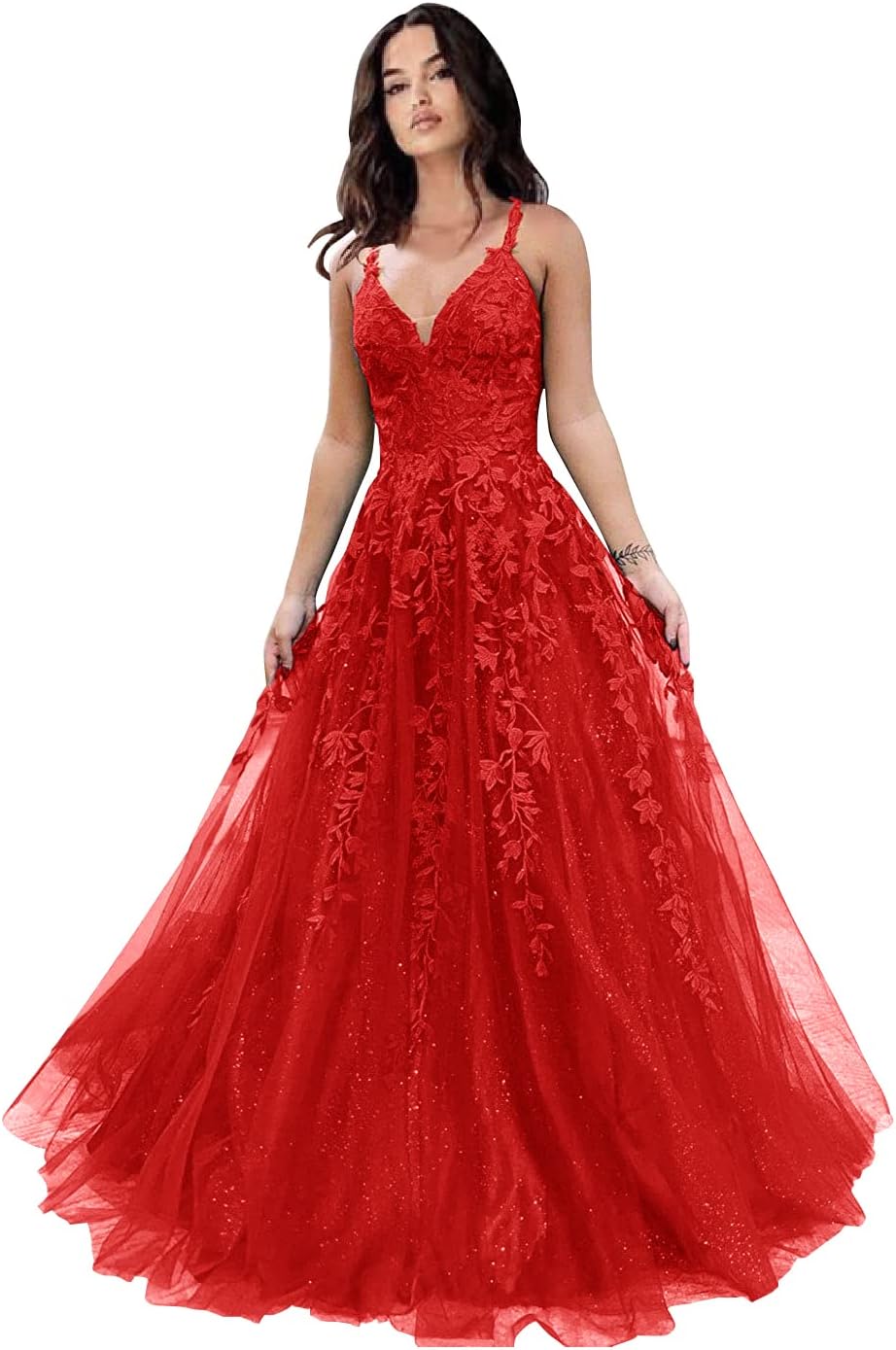 Tulle Prom Dresses for Women 2025 Sparkly Lace Appliques Long Ball Gowns Spaghetti Straps A-Line Evening Gowns
