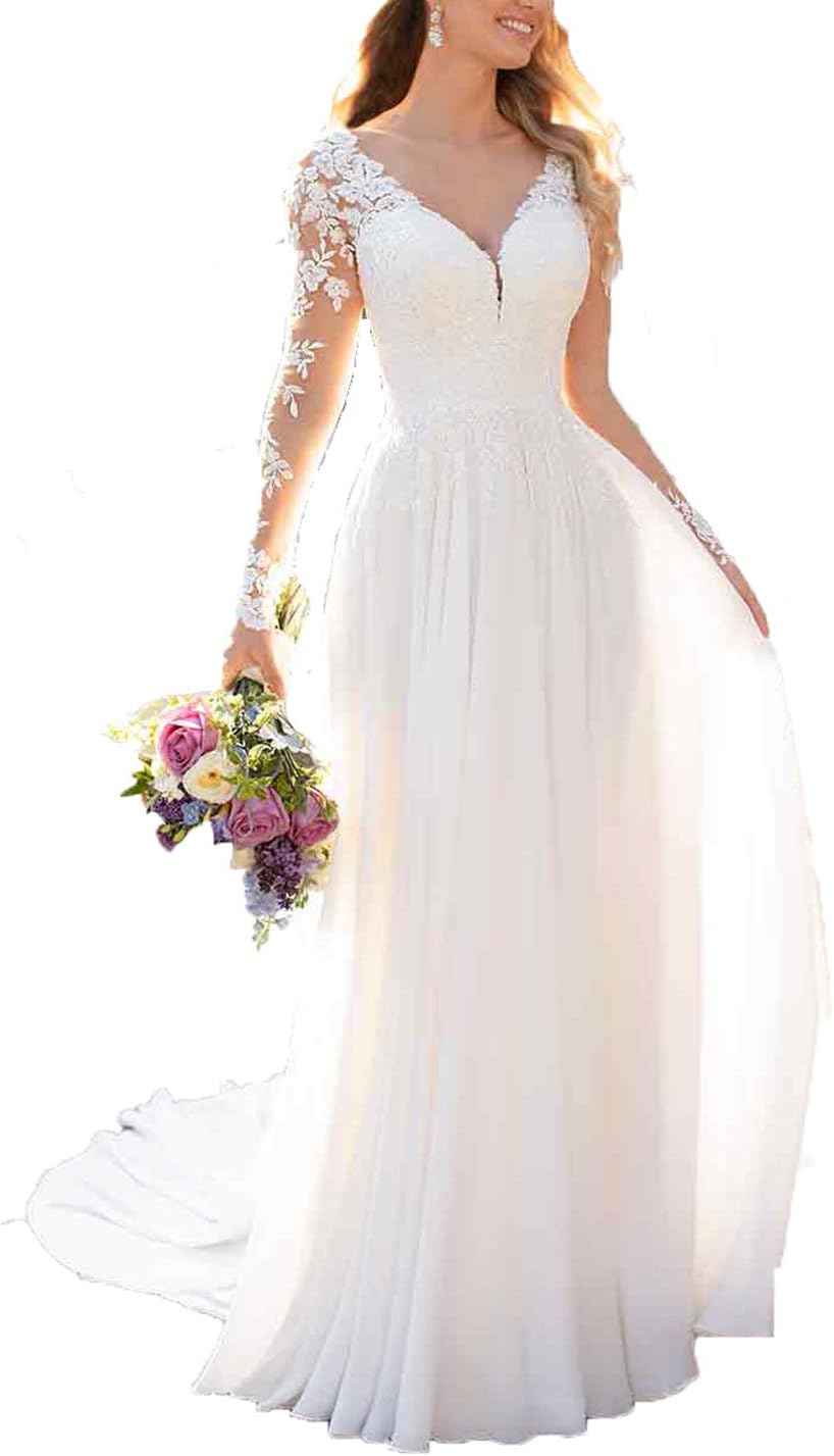 Wedding Dresses for Bride 2025 with Lace Appliques Chiffon A Line Women Dress Long Sleeves Beach Bride Dress