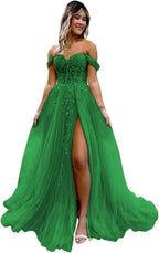 Off The Shoulder Tulle Prom Dresses with Slit Laces Applique Sweetheart Long Formal Evening Party Gowns Bmbride