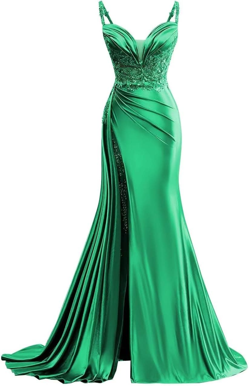 V Neck Satin Prom Dresses Long Mermaid Lace Evening Gown with Slit Pleated Bodycon Formal Dress with Tail Bmbride