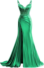 V Neck Satin Prom Dresses Long Mermaid Lace Evening Gown with Slit Pleated Bodycon Formal Dress with Tail Bmbride