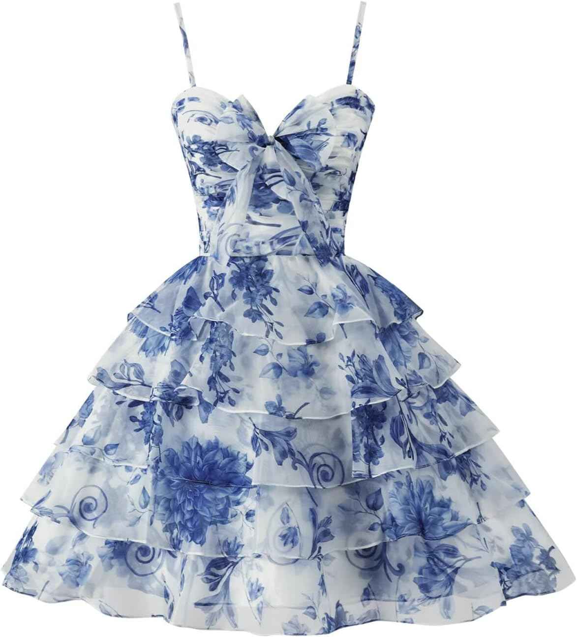 SoDigne Tiered Ruffles Short Homecoming Dresses with Bow Corset Floral Print Mini Cocktail Party Gown