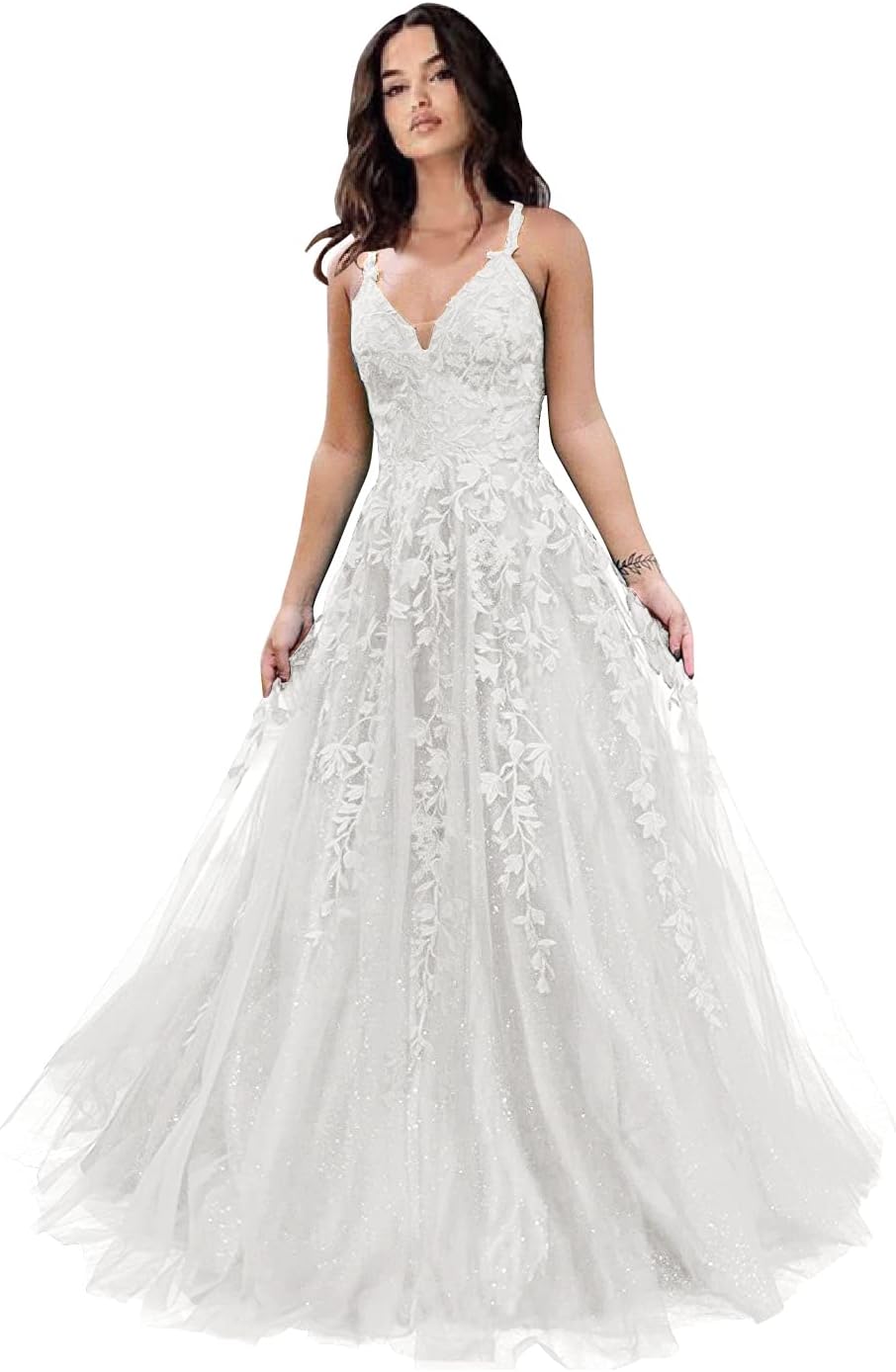 Tulle Prom Dresses for Women 2025 Sparkly Lace Appliques Long Ball Gowns Spaghetti Straps A-Line Evening Gowns