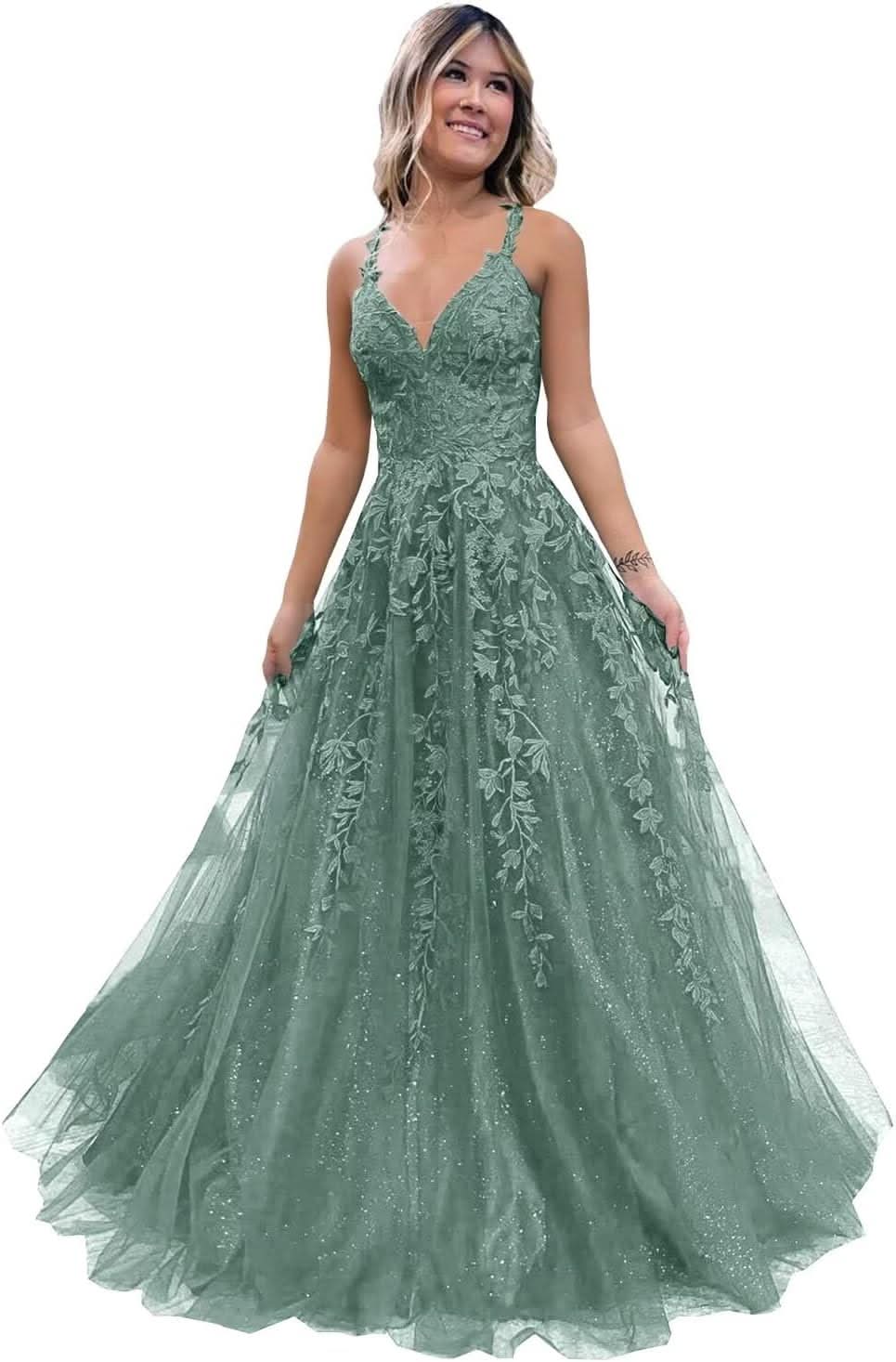Tulle Lace Appliques Sparkly Prom Dresses A Line with Slit V Neck Formal Party Dress Bmbride