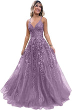 Tulle Lace Appliques Sparkly Prom Dresses A Line with Slit V Neck Formal Party Dress