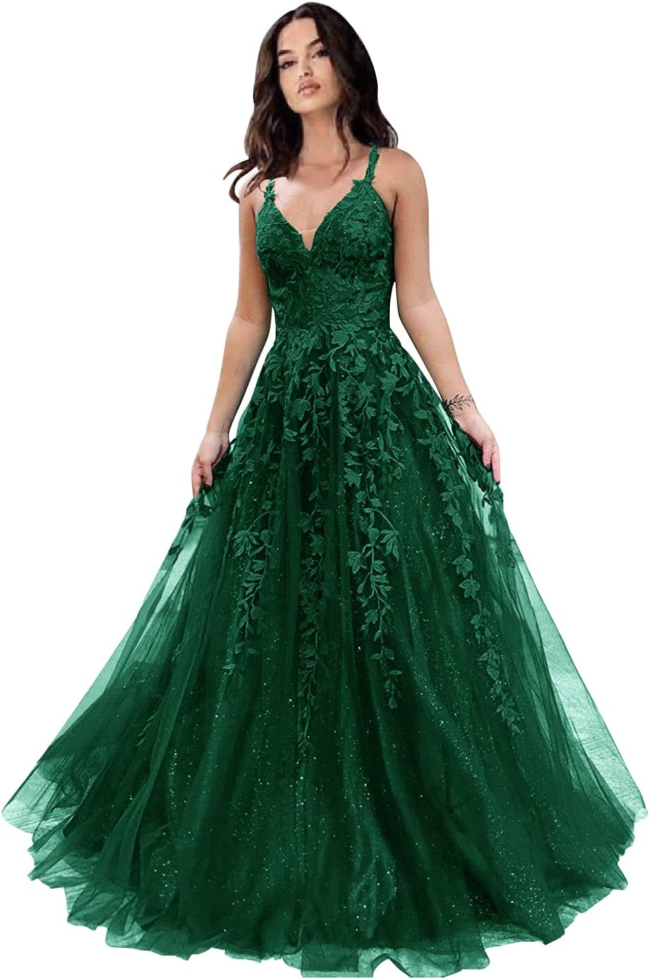 Tulle Prom Dresses for Women 2025 Sparkly Lace Appliques Long Ball Gowns Spaghetti Straps A-Line Evening Gowns