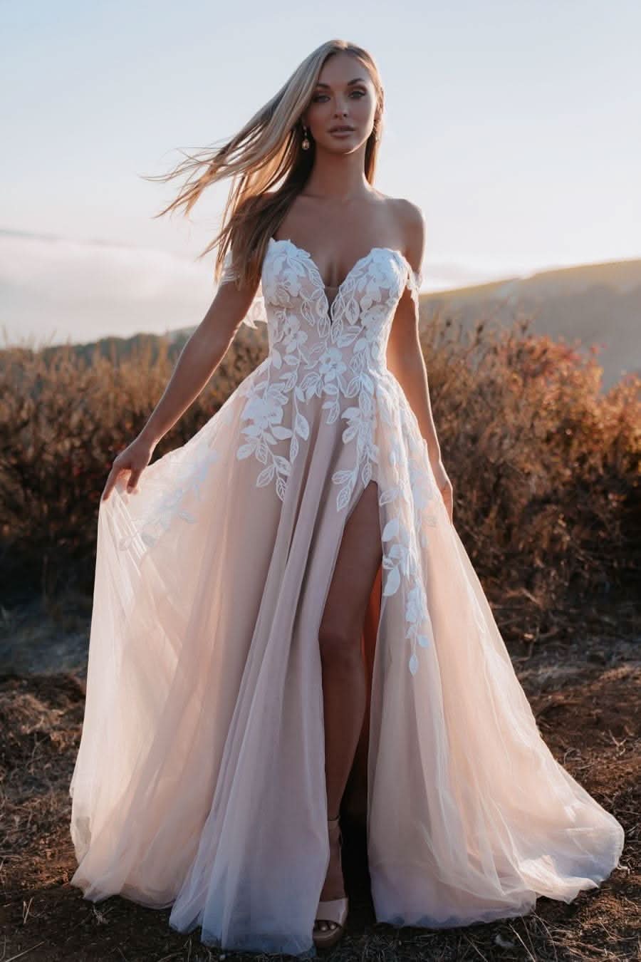 Loyeloy Women's Wedding Dresses for Bride 2025 Sexy V Neck Slit Lace Bridal Wedding Gowns for Bride YJ010