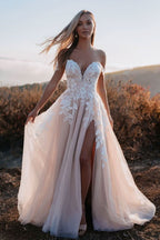 Loyeloy Women's Wedding Dresses for Bride 2025 Sexy V Neck Slit Lace Bridal Wedding Gowns for Bride YJ010