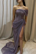 One Shoulder Sleeveless Long Mermaid Prom Dress With Split Pleated