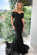 Burgundy Off the Shoulder Short Sleeves Mermaid Prom Dress With Applique