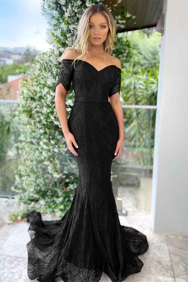 Burgundy Off the Shoulder Short Sleeves Mermaid Prom Dress With Applique