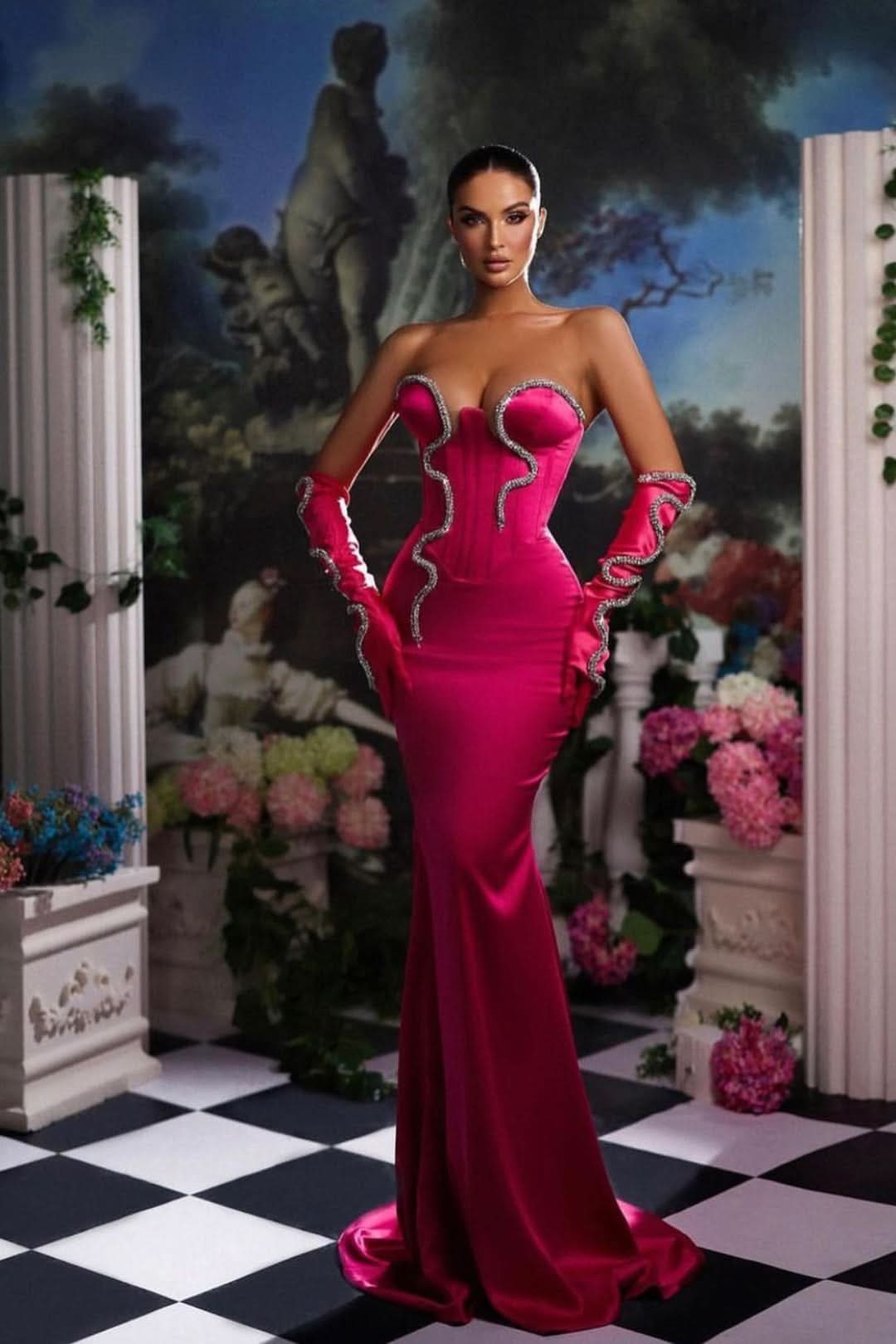 Fuchsia Mermaid Prom Dress Half Sleeves Strapless Gown BM bride