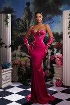 Fuchsia Prom Dress Mermaid Half Sleeves Strapless Gown With Gloves
