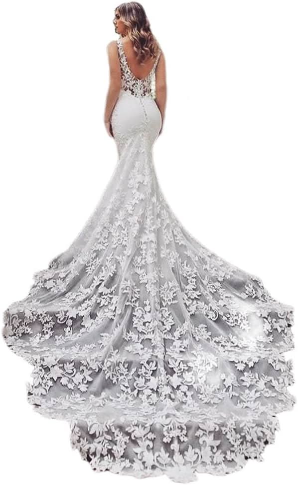 Loyeloy Women's Wedding Dresses for Bride 2025 Sexy V Neck Slit Lace Bridal Wedding Gowns for Bride YJ010