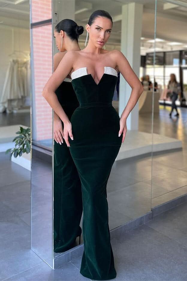 Black Velvet V-Neck Sleeveless Long Mermaid Prom Dress BM bride