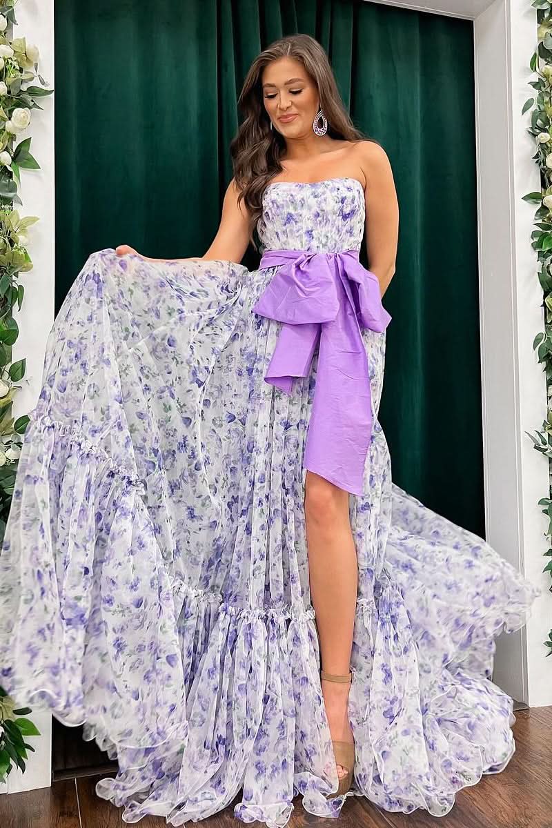 Fashionable Chic Floral Printed Chiffon Strapless Long Prom Dresses,Formal Dresses,Prom Gowns,Women Formal Gowns,Quincea?Era Dresses,Cocktail Dresses,Prom Dress Custom Size with Slit BM bride