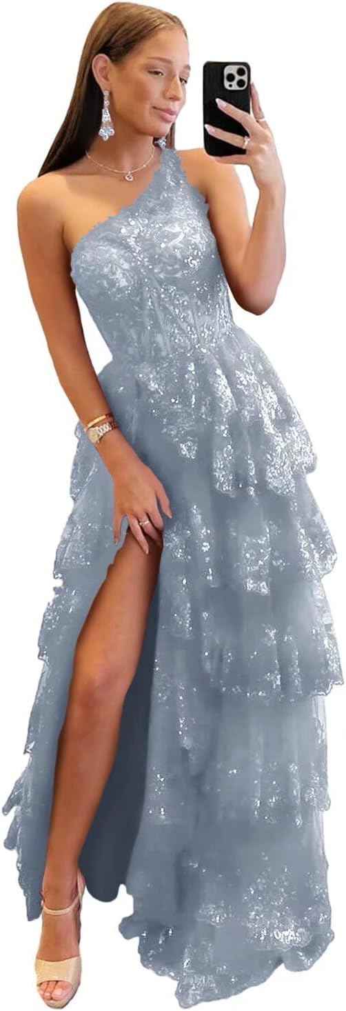 Cudiew One Shoulder Lace Tulle Tiered Prom Dress Sparkly Sequined Applique Long Maxi Formal Evening Party Gowns 2025