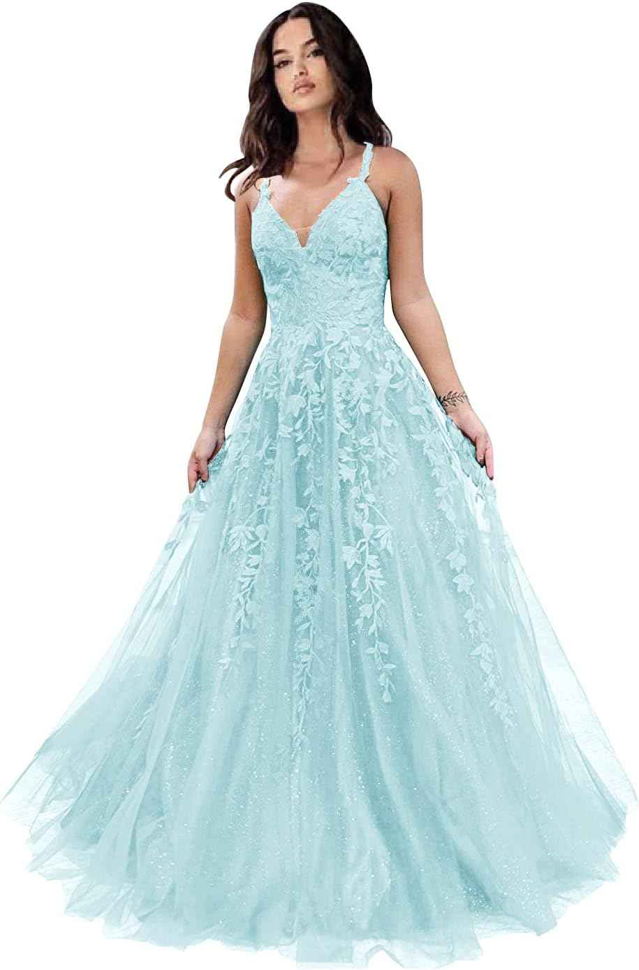 Tulle Prom Dresses for Women 2025 Sparkly Lace Appliques Long Ball Gowns Spaghetti Straps A-Line Evening Gowns