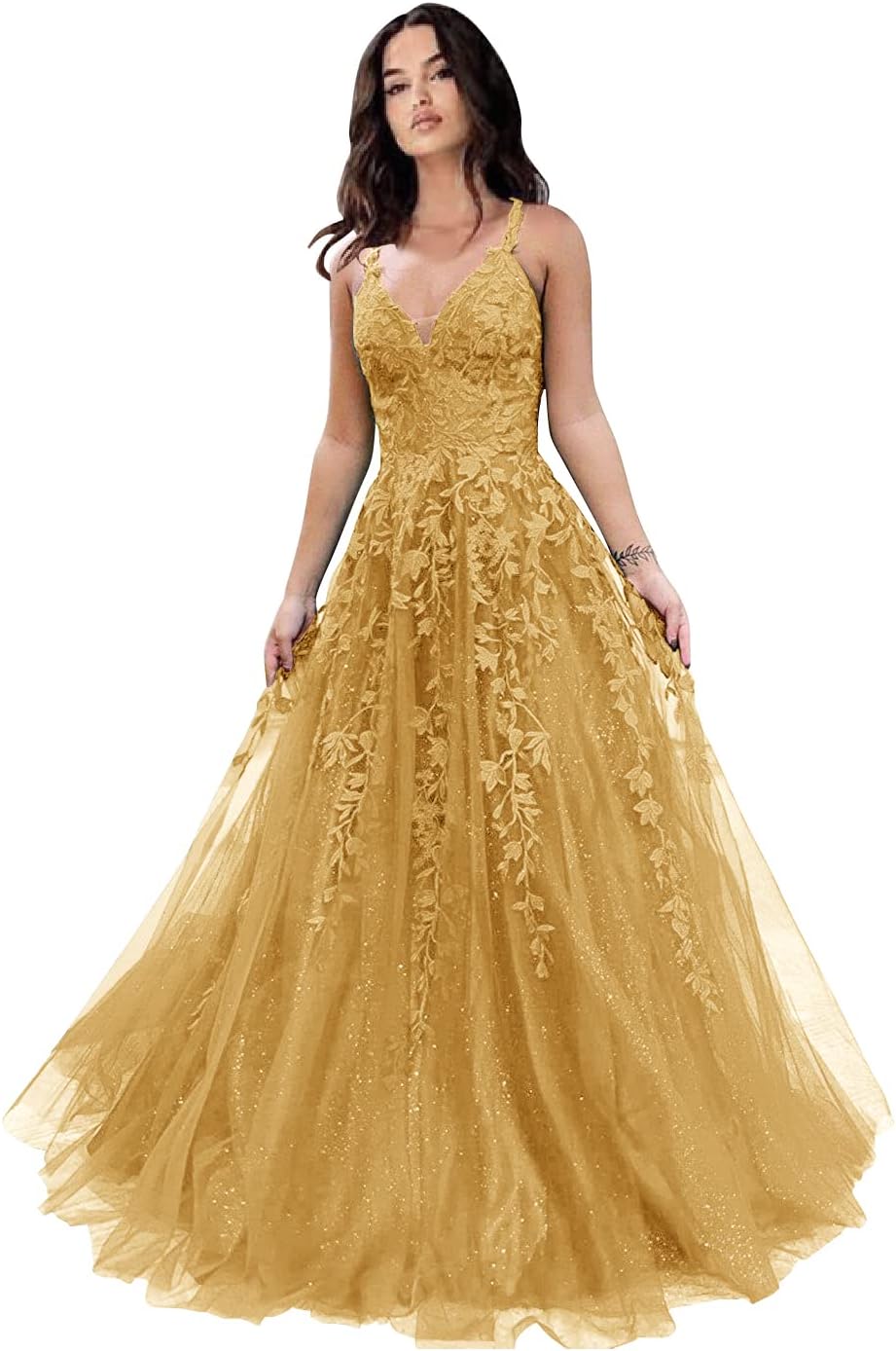 Tulle Prom Dresses for Women 2025 Sparkly Lace Appliques Long Ball Gowns Spaghetti Straps A-Line Evening Gowns