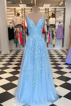 Elegant Spaghetti Strap A Line Long Prom Dress V Neck Tulle With Appliques