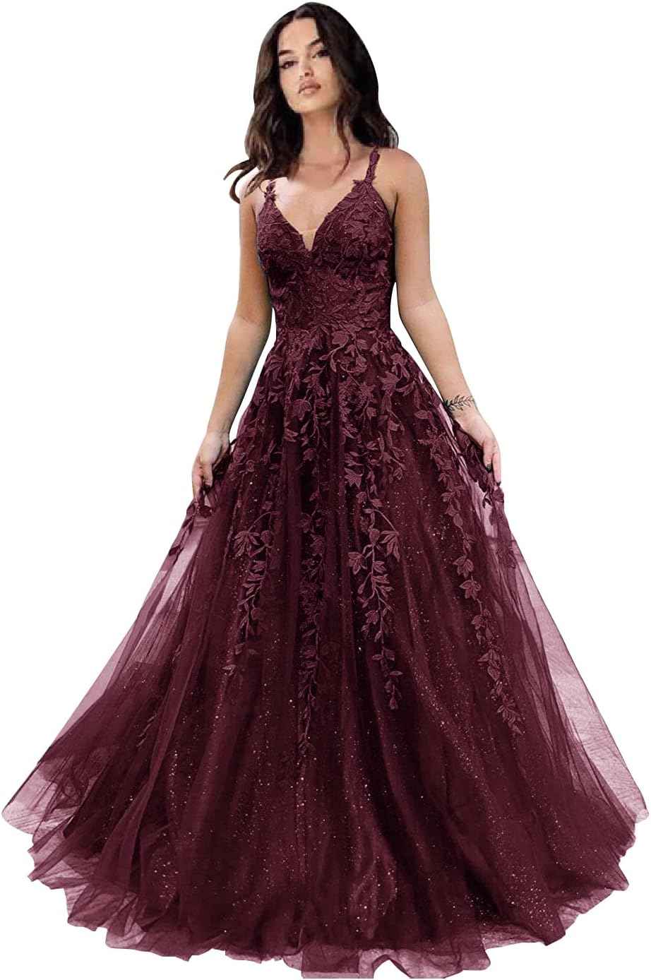 Tulle Prom Dresses for Women 2025 Sparkly Lace Appliques Long Ball Gowns Spaghetti Straps A-Line Evening Gowns