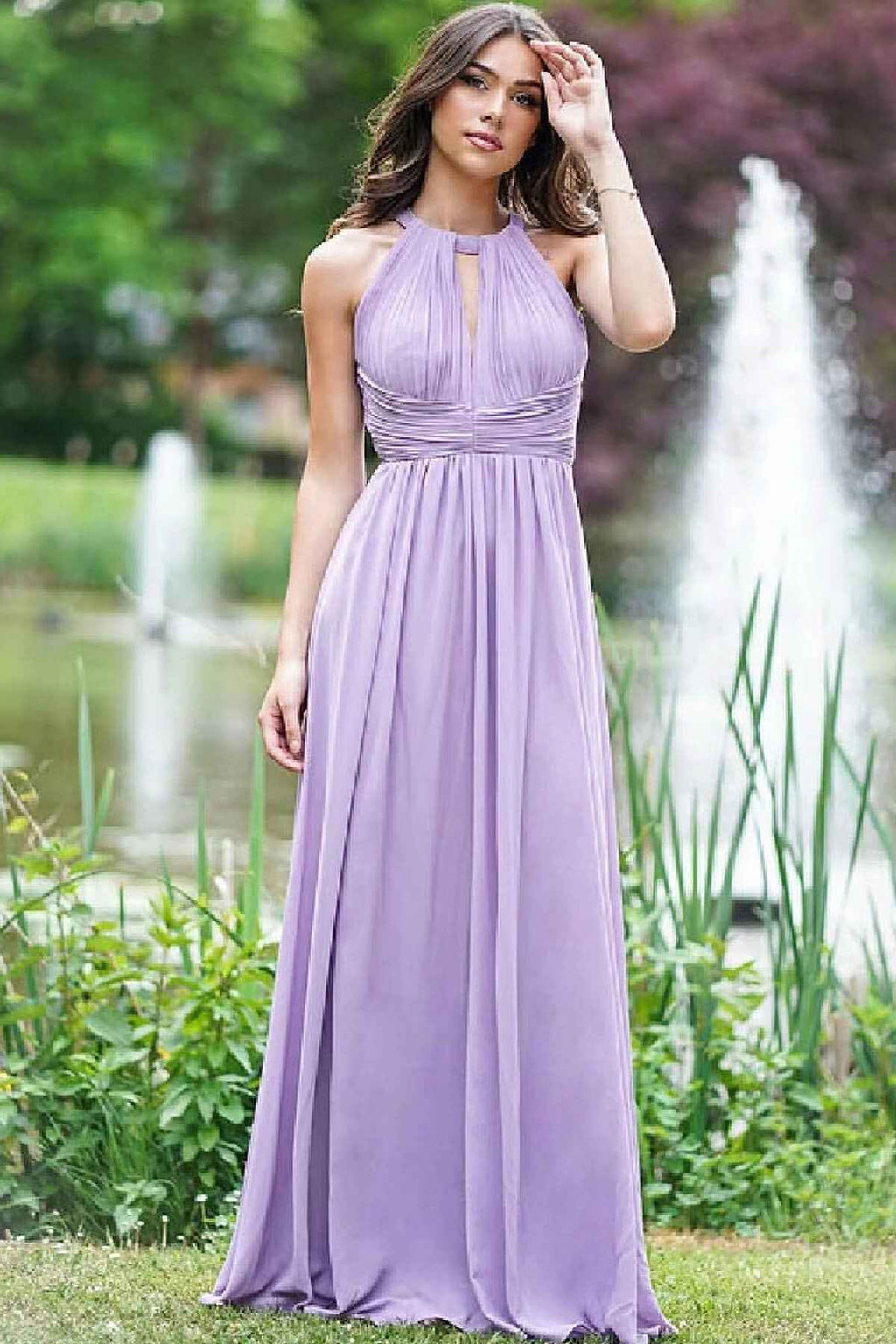Elegant Halter A Line Sleeveless Prom Dress Online Open Back Lilac With Pleated