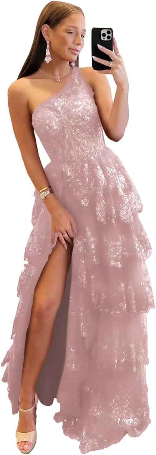Cudiew One Shoulder Lace Tulle Tiered Prom Dress Sparkly Sequined Applique Long Maxi Formal Evening Party Gowns 2025
