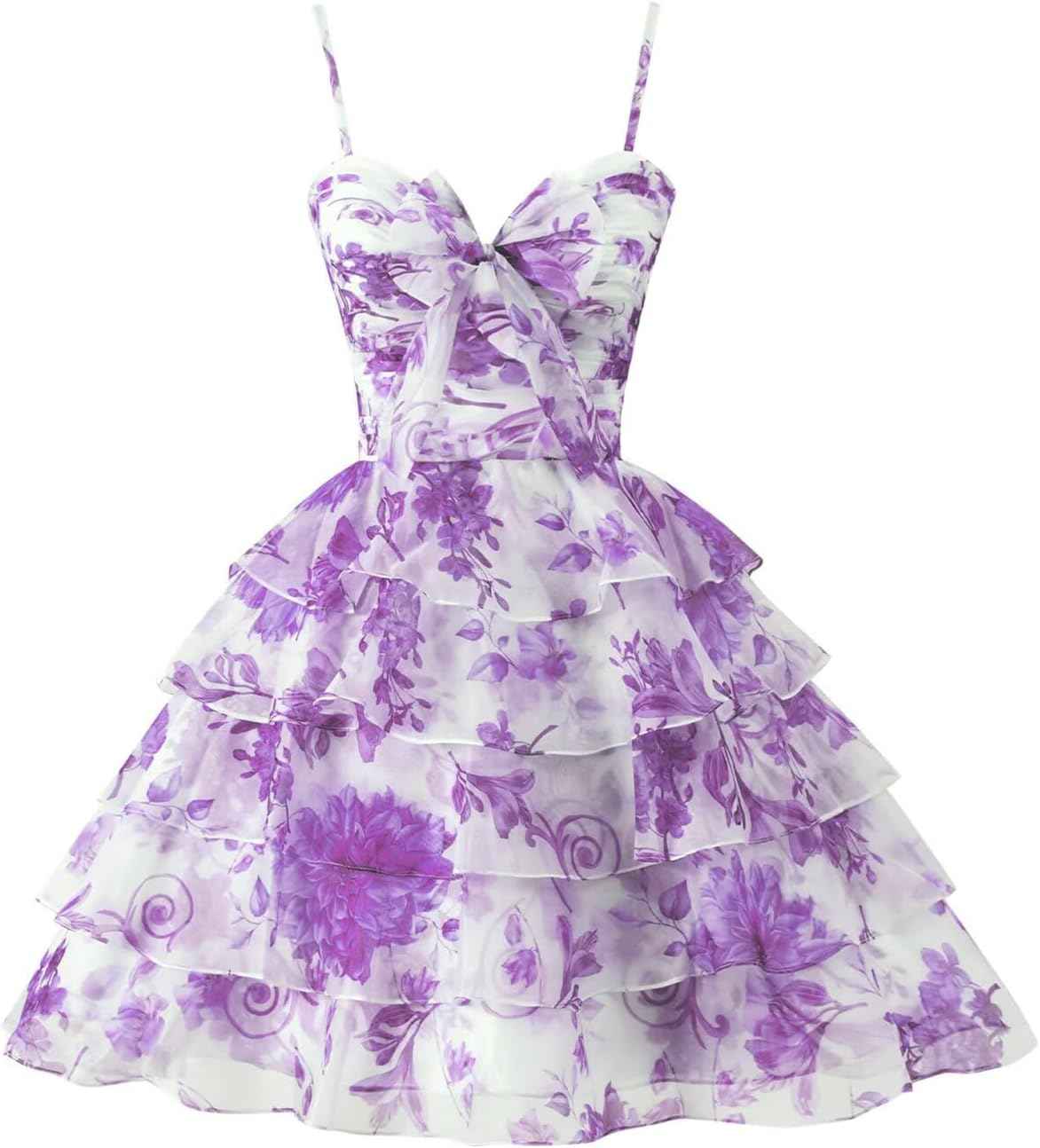 SoDigne Tiered Ruffles Short Homecoming Dresses with Bow Corset Floral Print Mini Cocktail Party Gown