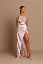Pink Chic Evening Dress Sleeveless Strapless with Side Slit Pleats BM bride