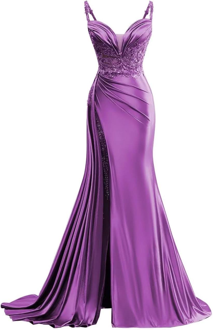 V Neck Satin Prom Dresses Long Mermaid Lace Evening Gown with Slit Pleated Bodycon Formal Dress with Tail Bmbride