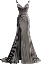 V Neck Satin Prom Dresses Long Mermaid Lace Evening Gown with Slit Pleated Bodycon Formal Dress with Tail Bmbride