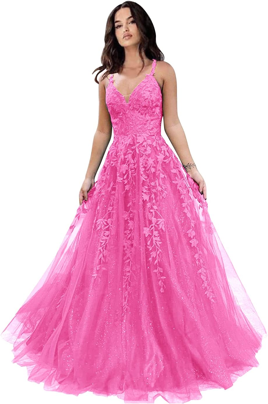 Tulle Prom Dresses for Women 2025 Sparkly Lace Appliques Long Ball Gowns Spaghetti Straps A-Line Evening Gowns