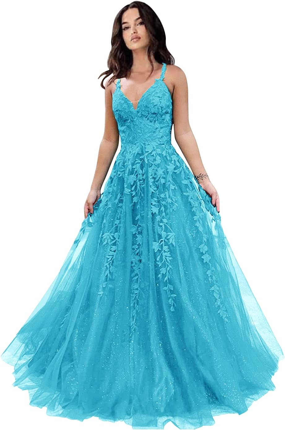 Tulle Prom Dresses for Women 2025 Sparkly Lace Appliques Long Ball Gowns Spaghetti Straps A-Line Evening Gowns