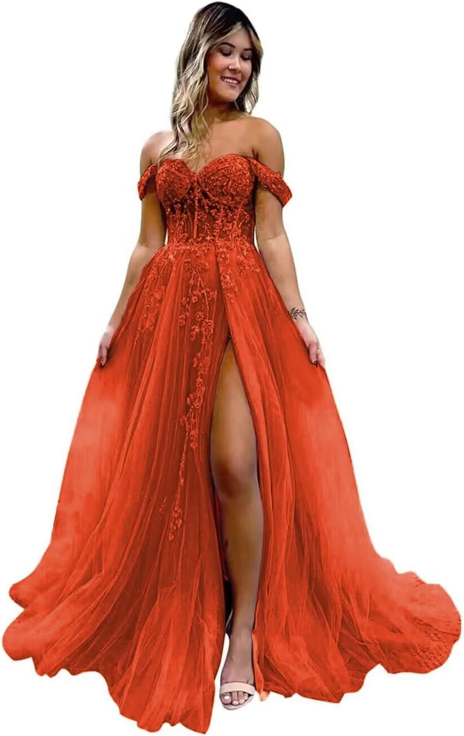 Off The Shoulder Tulle Prom Dresses with Slit Laces Applique Sweetheart Long Formal Evening Party Gowns Bmbride